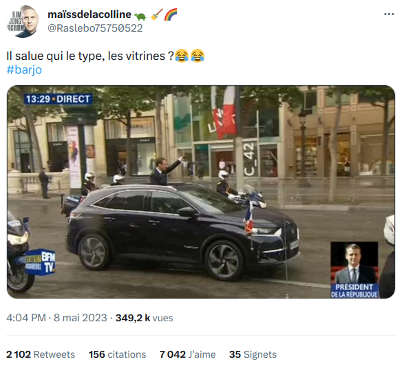 Tweet avec un photo d'Emmanuel Macron saluant des vitrines